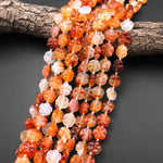 Hand Carved Natural Orange Red Carnelian Flower Beads 15" Strand