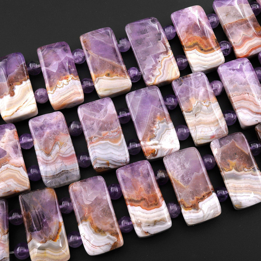 Rare Natural Rainbow Amethyst Rectangle Tile Double Drilled Bracelet Beads 30mm 8" Strand