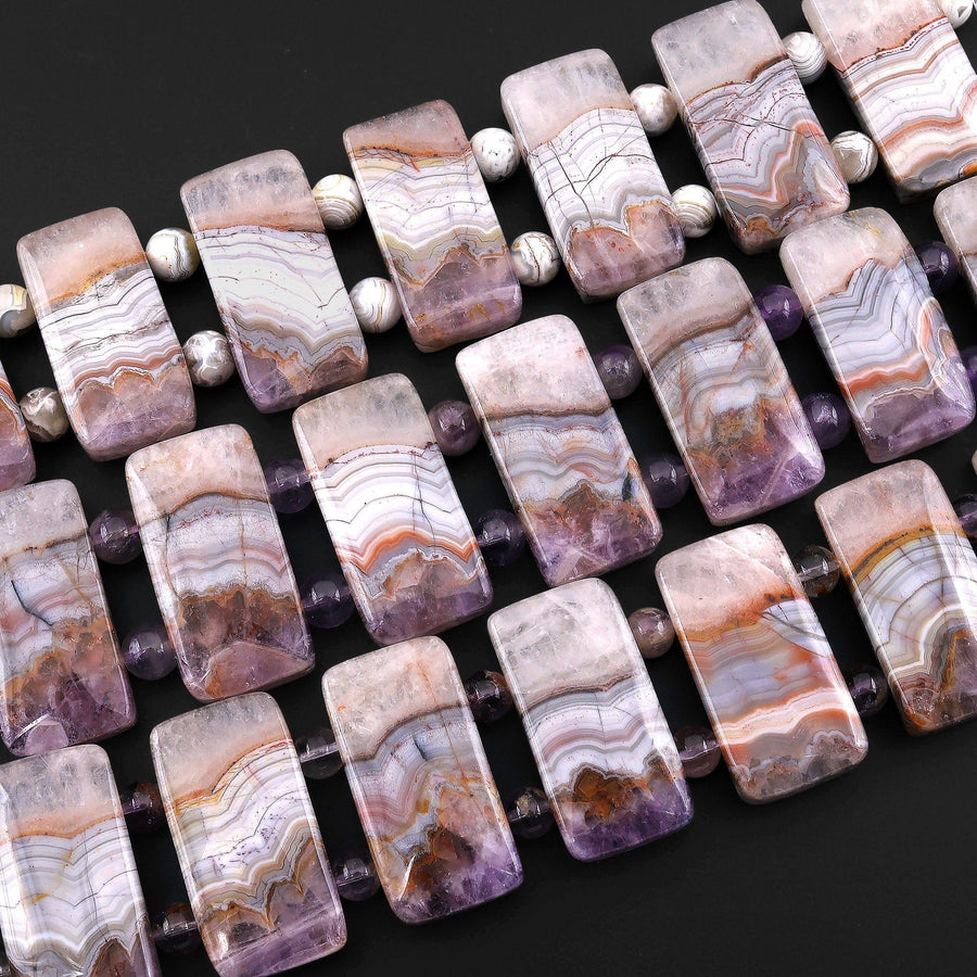 Rare Natural Rainbow Amethyst Rectangle Tile Double Drilled Bracelet Beads Lacey Pattern 30mm 8" Strand