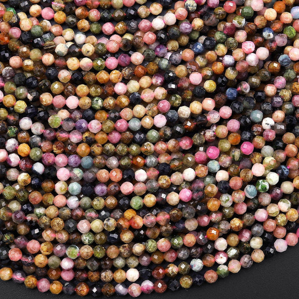 Faceted Natural Multicolor Tourmaline Round Beads 2mm 3mm Pink Green Cognac Yellow Real Genuine Gemstone 15.5" Strand