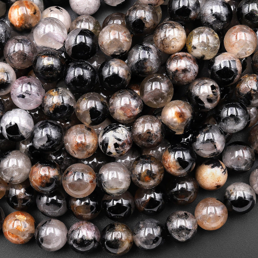 Genuine Natural Black Tourmaline Beads 3mm 4mm 5mm 6mm 8mm 10mm 12mm Round White Quartz Red Iron Matrix Real Genuine Gemstone 15.5" Strand