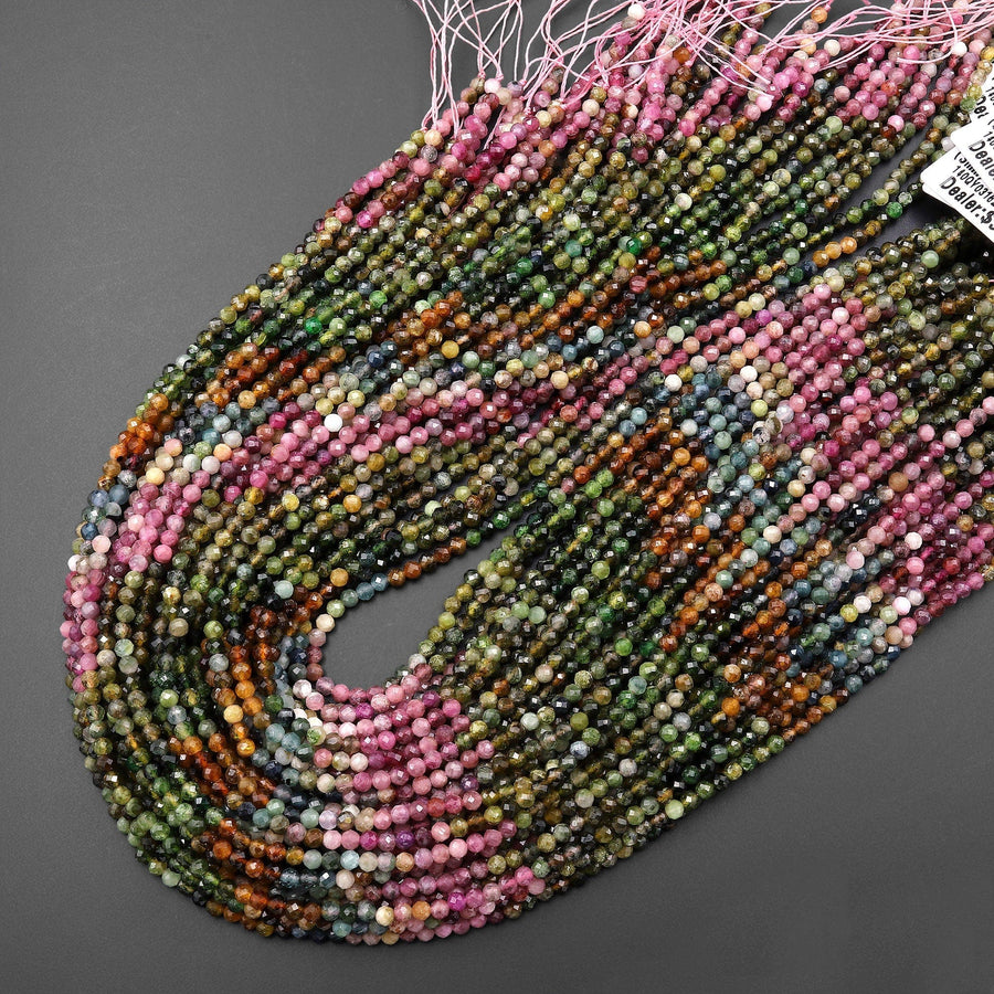 Natural Rainbow Tourmaline Micro Faceted 3mm Round Pink Green Blue Orange Gemstone Beads 15.5" Strand