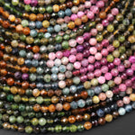 Natural Rainbow Tourmaline Micro Faceted 3mm Round Pink Green Blue Orange Gemstone Beads 15.5" Strand