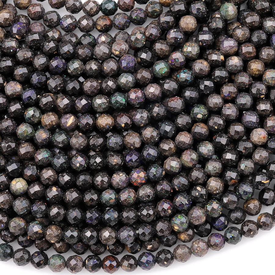 AAA Faceted Natural Australian Black Opal 4mm Round Beads 15.5" Strand