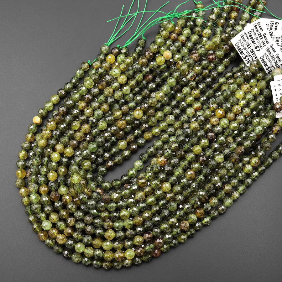 AAA Faceted 6mm Natural Green Garnet Round Beads Extra Gemmy Translucent Gemstone 15.5" Strand