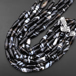 Natural Tibetan Tuxedo Agate Smooth Long Barrel Drum Cylinder 10x30mm Beads Black White Stripes Beads 15.5" Strand