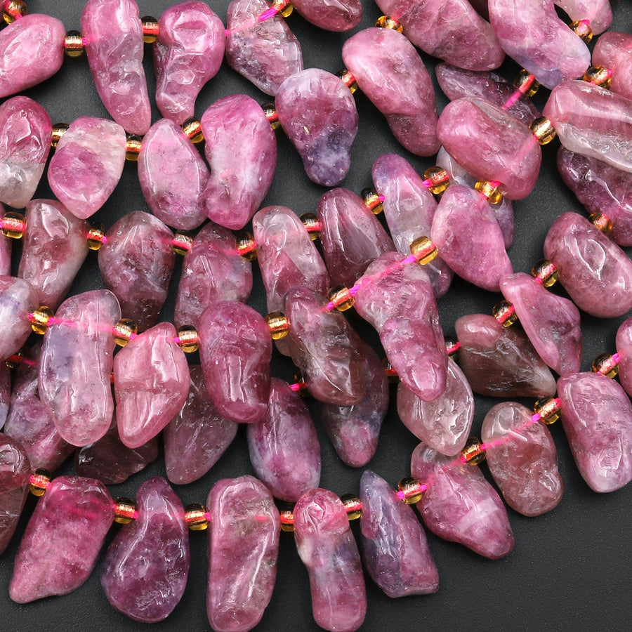 Natural Pink Tourmaline Freeform Petal Beads Top Side Drilled Gemstone 15.5" Strand