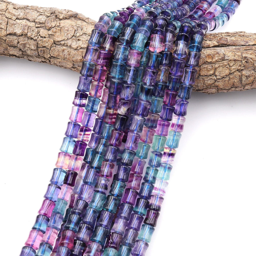 AAA Natural Fluorite Carved Bamboo Stem Tube Beads 15.5" Strand