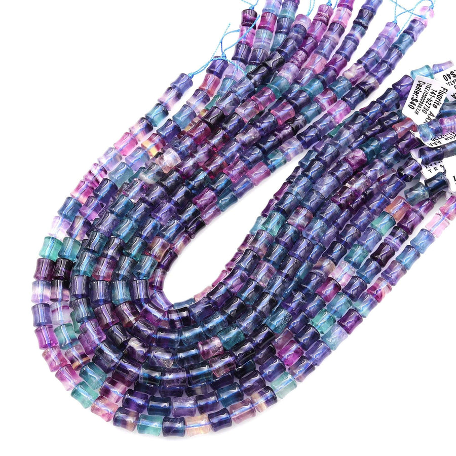 AAA Natural Fluorite Carved Bamboo Stem Tube Beads 15.5" Strand