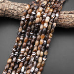 Natural Tibetan Caramel Brown Agate Beads Highly Polished Smooth Drum Barrel Amazing Veins Bands Stripes 15.5" Strand