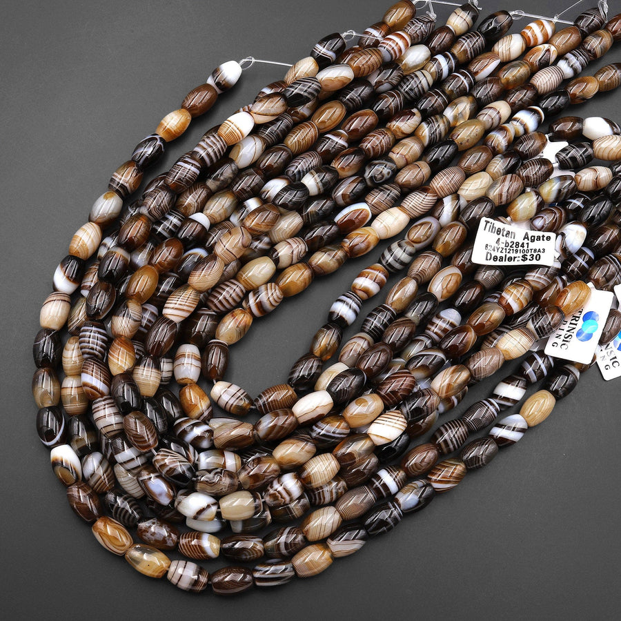 Natural Tibetan Caramel Brown Agate Beads Highly Polished Smooth Drum Barrel Amazing Veins Bands Stripes 15.5" Strand