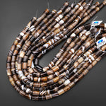 Natural Tibetan Agate Beads Smooth Tube Cylinder Amazing Veins Bands Stripes Caramel Brown White Agate 15.5" Strand