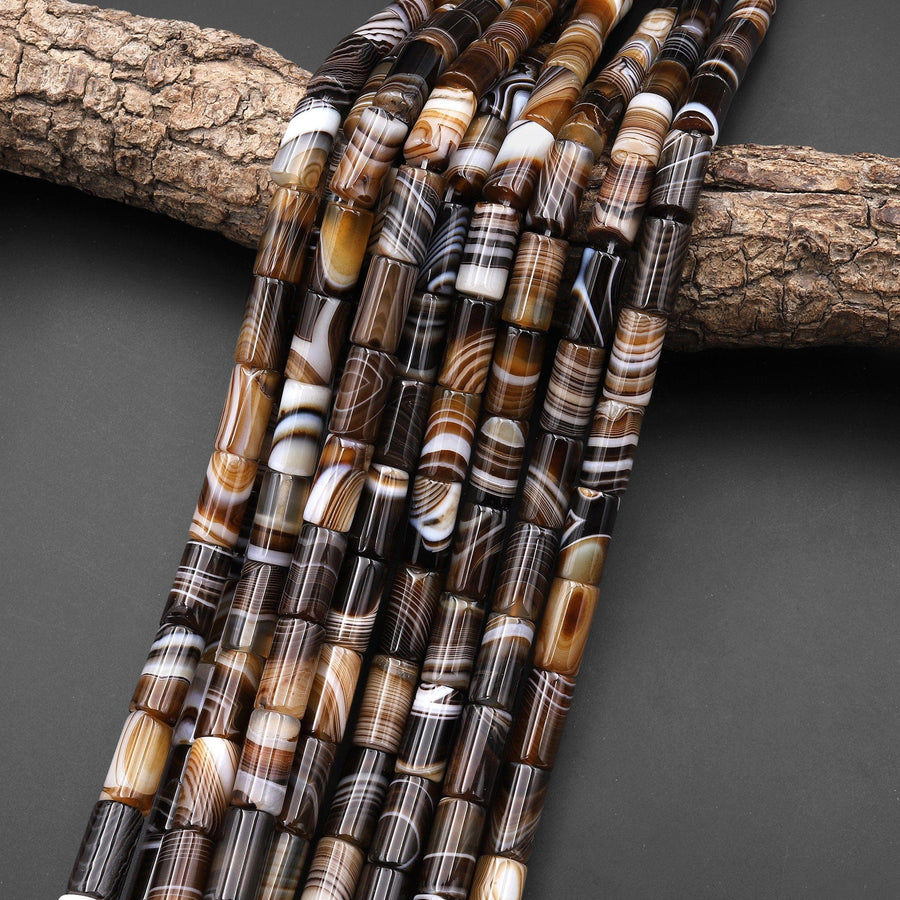 Natural Tibetan Agate Beads Smooth Tube Cylinder 8x16mm Amazing Veins Bands Stripes Caramel Brown White Agate 15.5" Strand