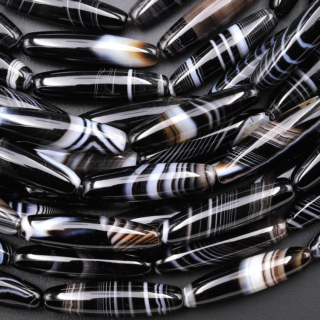 Natural Tibetan Tuxedo Agate Smooth Long Thin Barrel Cylinder 6x24mm Beads Black White Stripes Beads 15.5" Strand