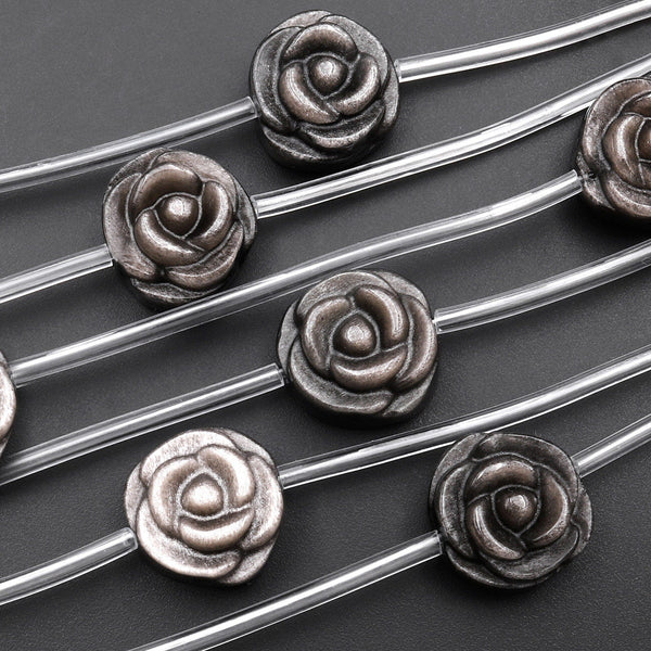 AAA Hand Carved Natural Silver Obsidian Rose Flower Gemstone Beads 14mm