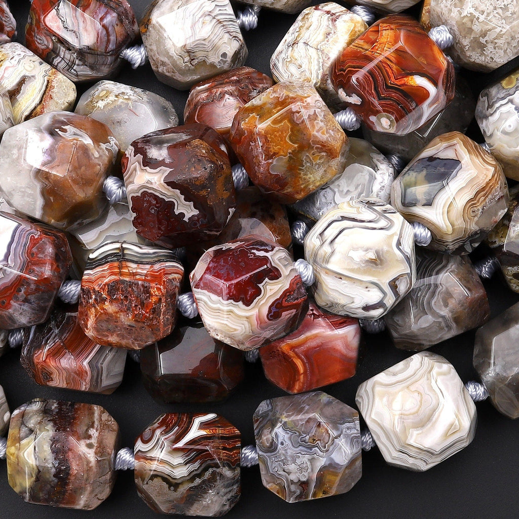 Large Faceted Natural Laguna Lace Agate 20mm Cube Nugget Beads 15.5" Strand