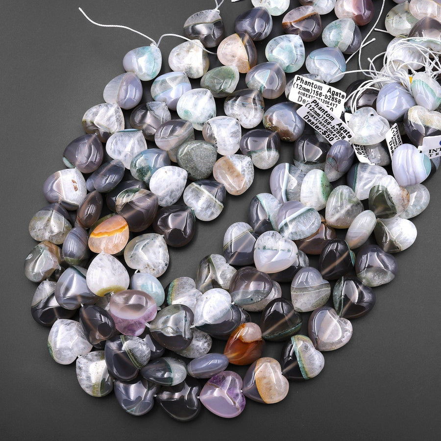 Rare Natural Brazilian Phantom Agate Beads Smooth Heart 20mm Vertically Drilled Gemstone 15.5" Strand