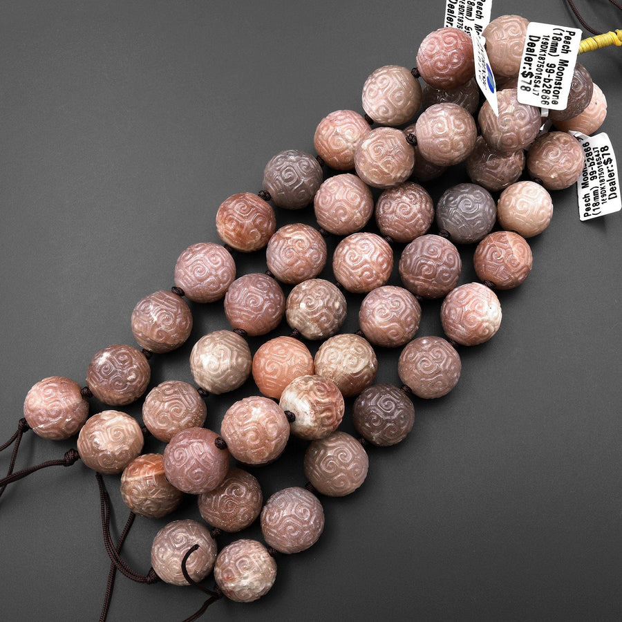 Natural Mauve Peach Moonstone 18mm Round Beads Hand Carved Decorative Gemstone Ancient Longevity Symbol 8" Strand