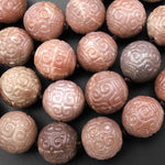 Natural Mauve Peach Moonstone 18mm Round Beads Hand Carved Decorative Gemstone Ancient Longevity Symbol 8" Strand