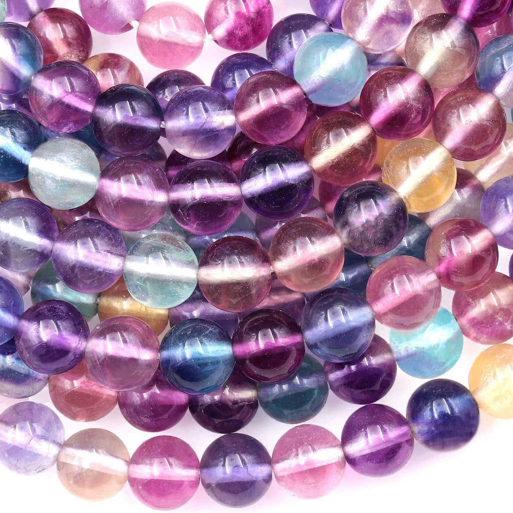 AAA Natural Rainbow Fluorite Smooth 4mm 6mm 8mm Round Beads Extra Translucent Purple Pink Green Gemstone 15.5" Strand