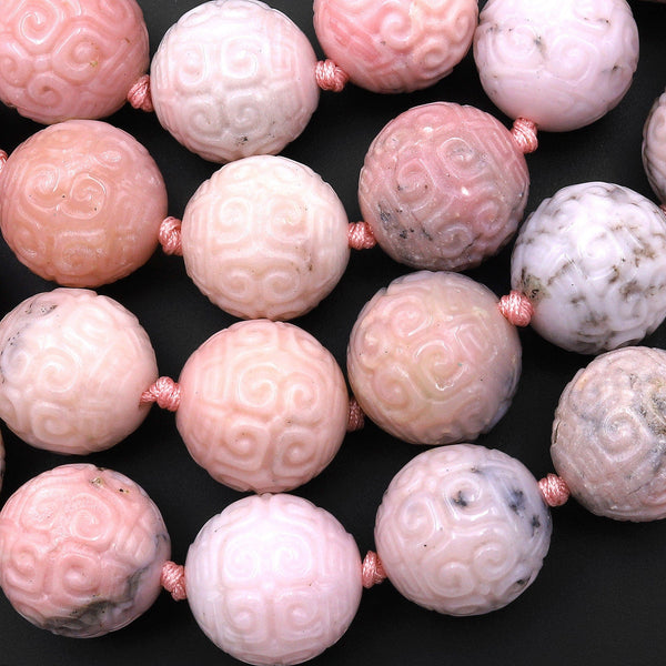 Large Natural Peruvian Pink Opal 18mm Round Beads Hand Carved Decorative Gemstone Ancient Longevity Symbol 8" Strand