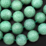 Large Natural Green Aventurine 18mm Round Beads Hand Carved Decorative Gemstone Ancient Longevity Symbol 8" Strand