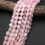 AAA Faceted Natural Pink Rose Quartz Geometric Hexagon Coin 12mm Gemstone 15.5" Strand