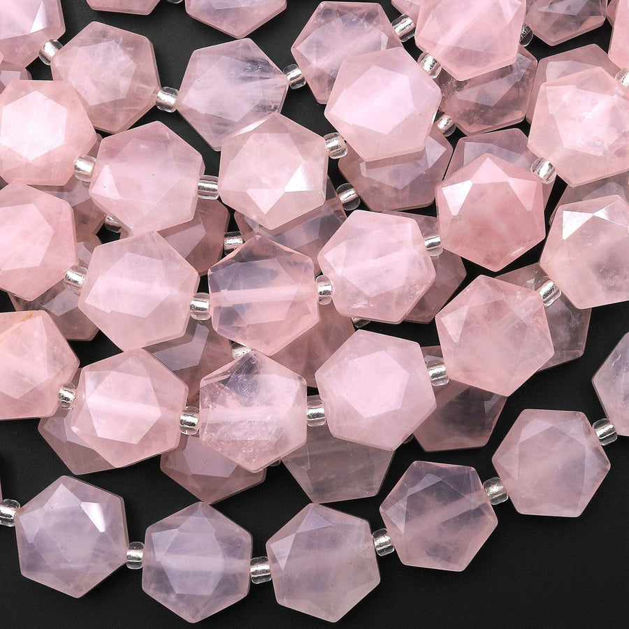 AAA Faceted Natural Pink Rose Quartz Geometric Hexagon Coin 12mm Gemstone 15.5" Strand