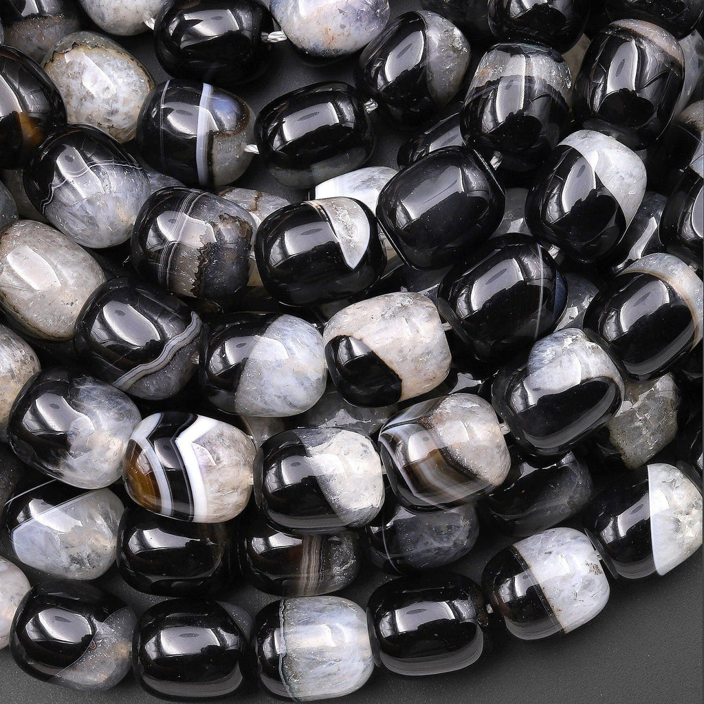 Natural Black Agate Smooth Barrel Beads W/ White Quartz Matrix 15.5" Strand