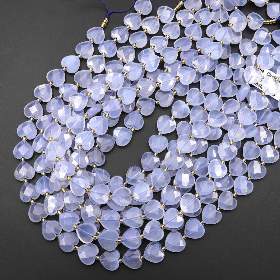 AAA Natural Blue Chalcedony Faceted Heart Beads 12mm Gemstone 15.5" Strand