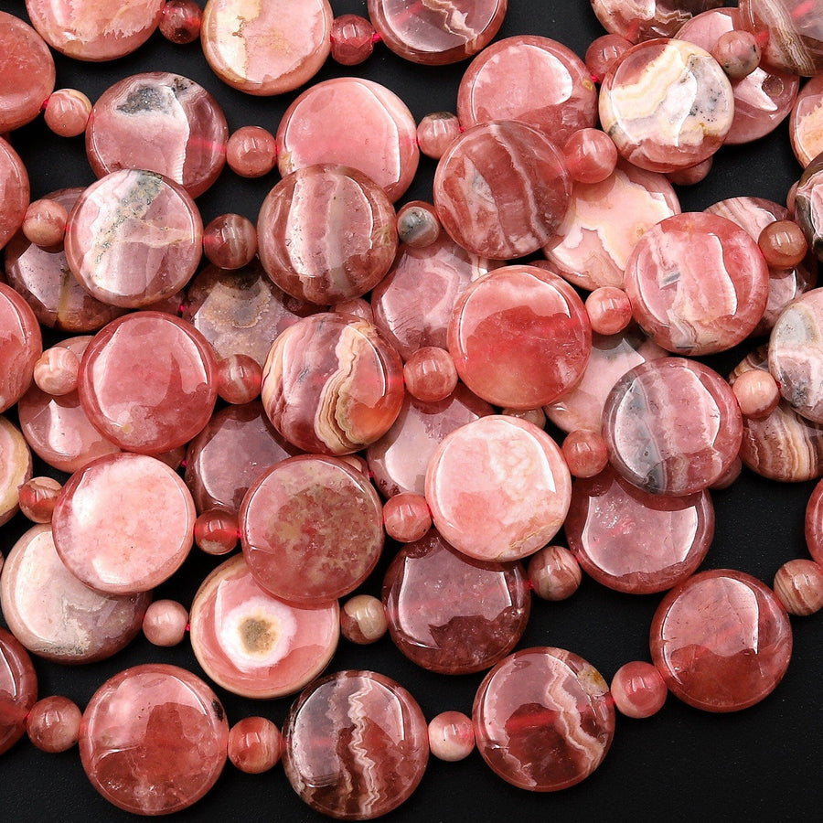 AAA Natural Pink Rhodochrosite Beads Smooth Coin 12mm Extra Gemmy Translucent 15.5" Strand