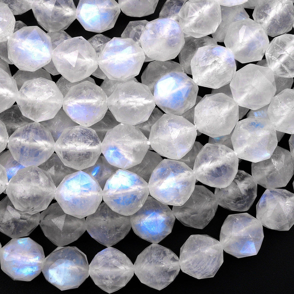 AAA Natural Rainbow Moonstone Double Hearted Star Cut Faceted 10mm Rounded Beads 15.5" Strand