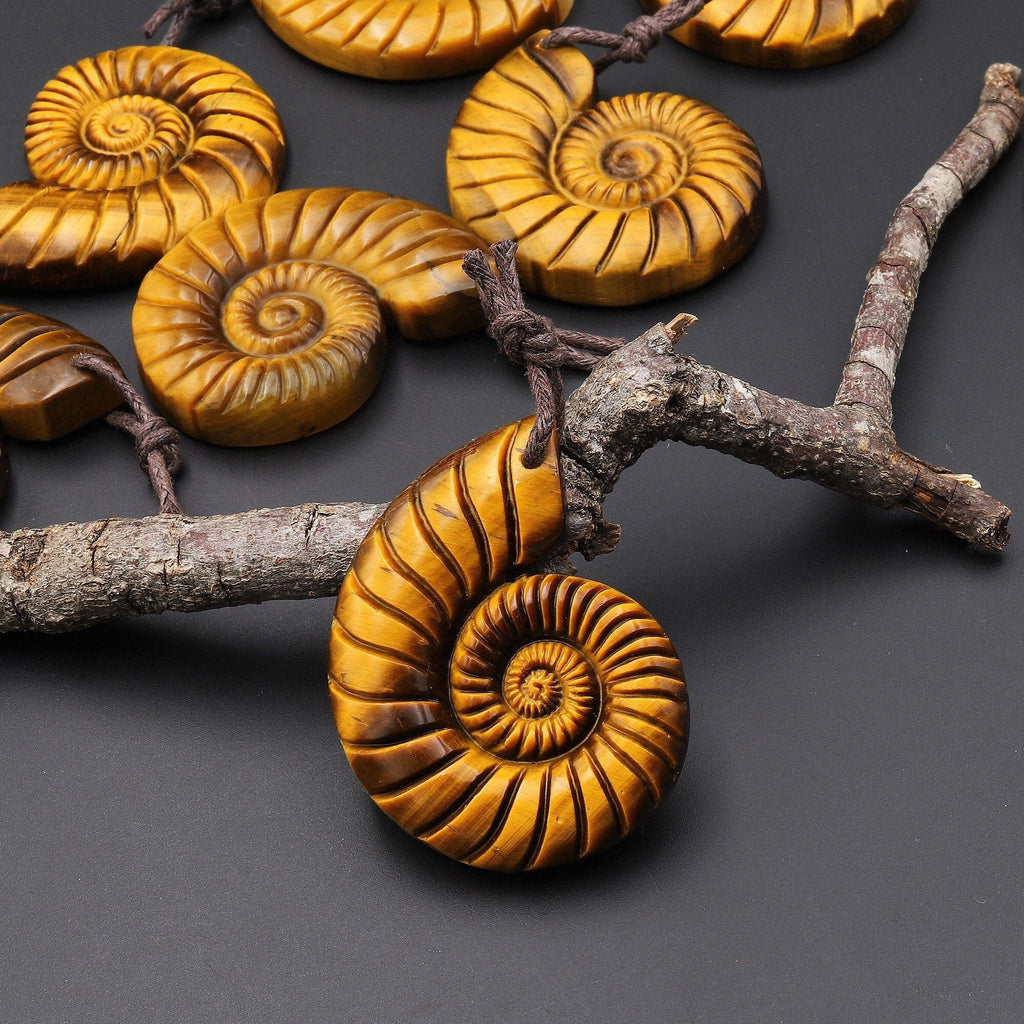 AAA Hand Carved Natural Golden Tiger's Eye Tiger Ammonite Pendant Gemstone Focal Bead