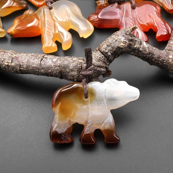 Hand-Carved Natural Carnelian Agate Bear Pendant A6