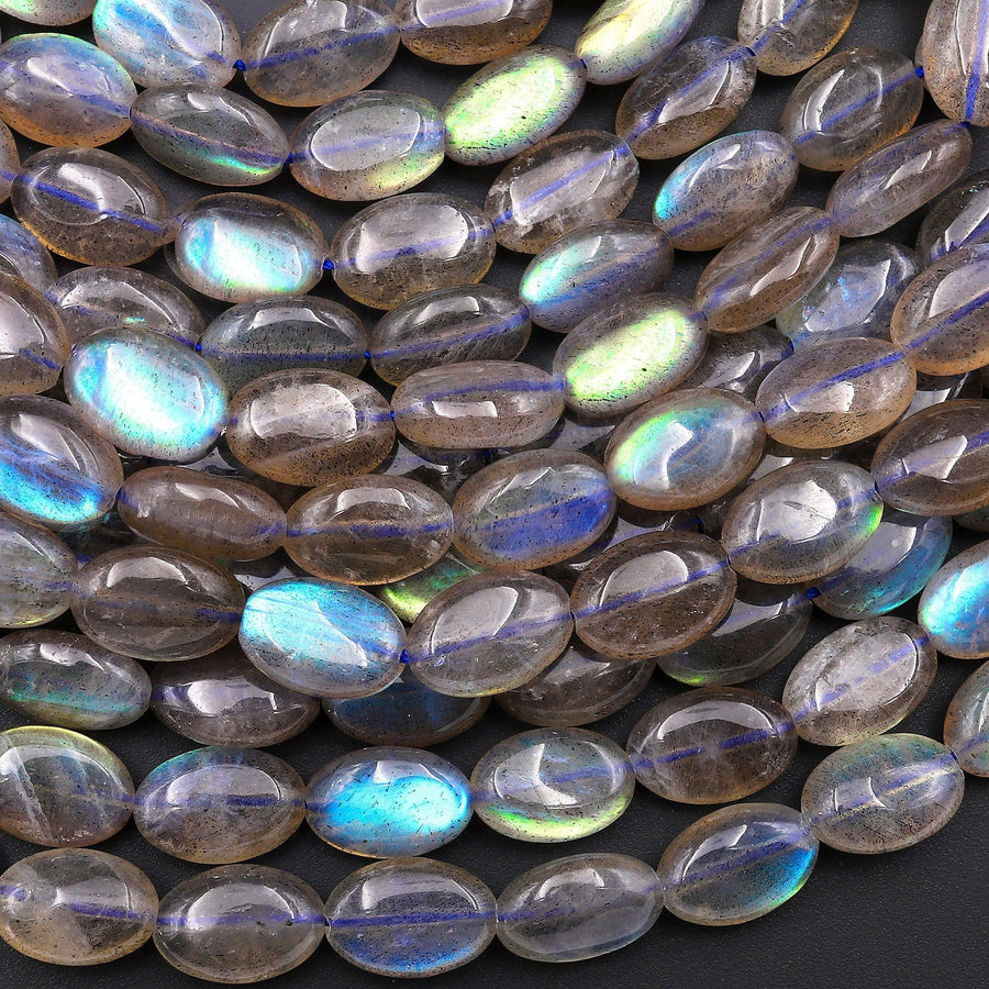 Natural Labradorite Smooth Oval Beads 12x8mm Brilliant Golden Blue Green Flashes 15.5" Strand