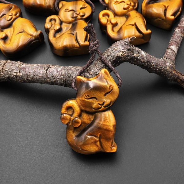 AAA Hand Carved Natural Golden Tiger's Eye Tiger Cat Pendant Gemstone Focal Bead