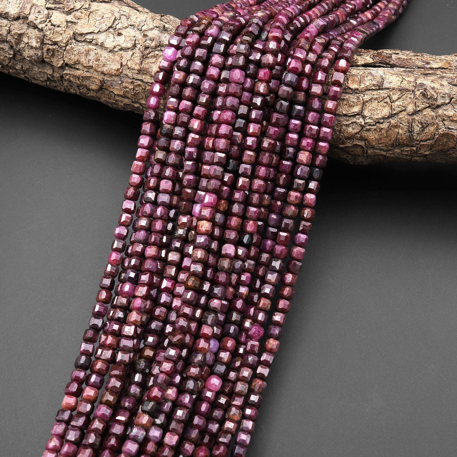 Real Genuine Natural Dark Fuchsia Red Ruby Faceted 4mm Cube Gemstone Beads 15.5" Strand