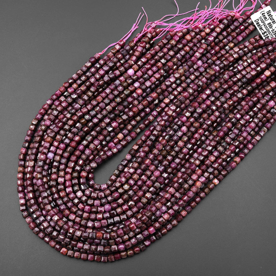 Real Genuine Natural Dark Fuchsia Red Ruby Faceted 4mm Cube Gemstone Beads 15.5" Strand