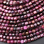 Real Genuine Natural Dark Fuchsia Red Ruby Faceted 4mm Cube Gemstone Beads 15.5" Strand