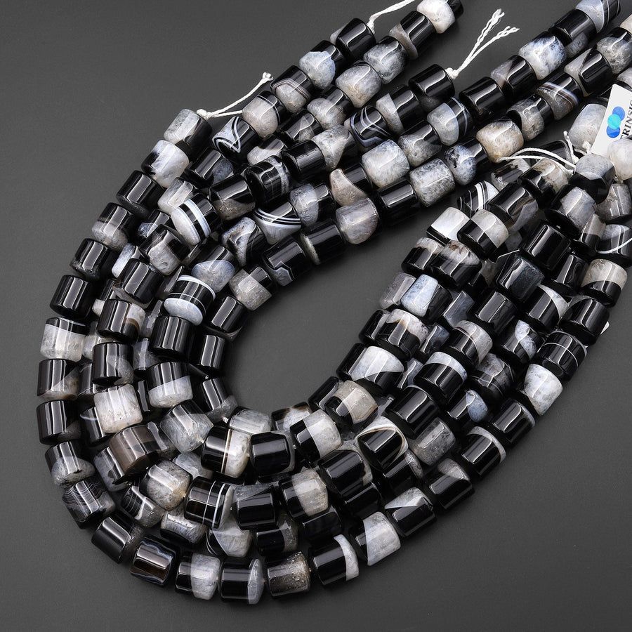 Natural Black Tuxedo Agate Smooth Short Cylinder Beads W/ White Quartz Matrix 15.5" Strand