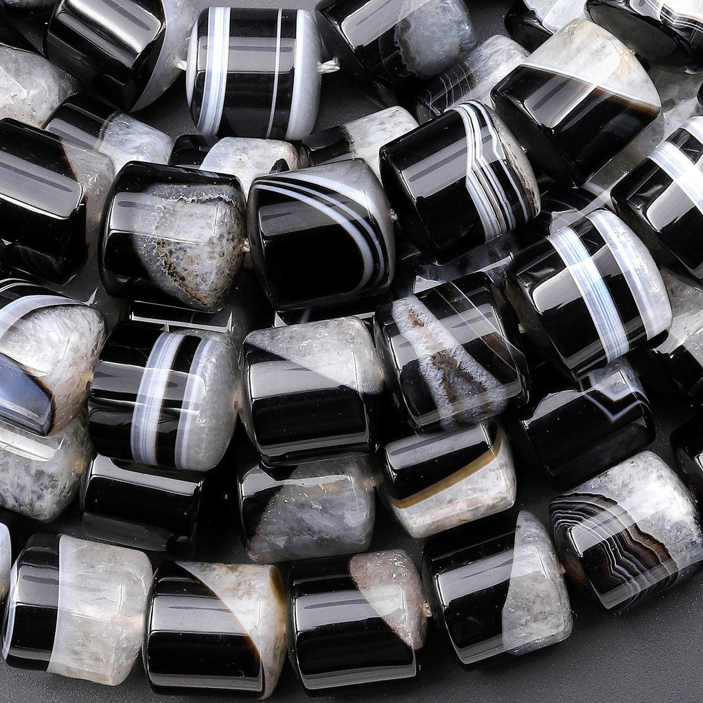 Natural Black Tuxedo Agate Smooth Short Cylinder Beads W/ White Quartz Matrix 15.5" Strand