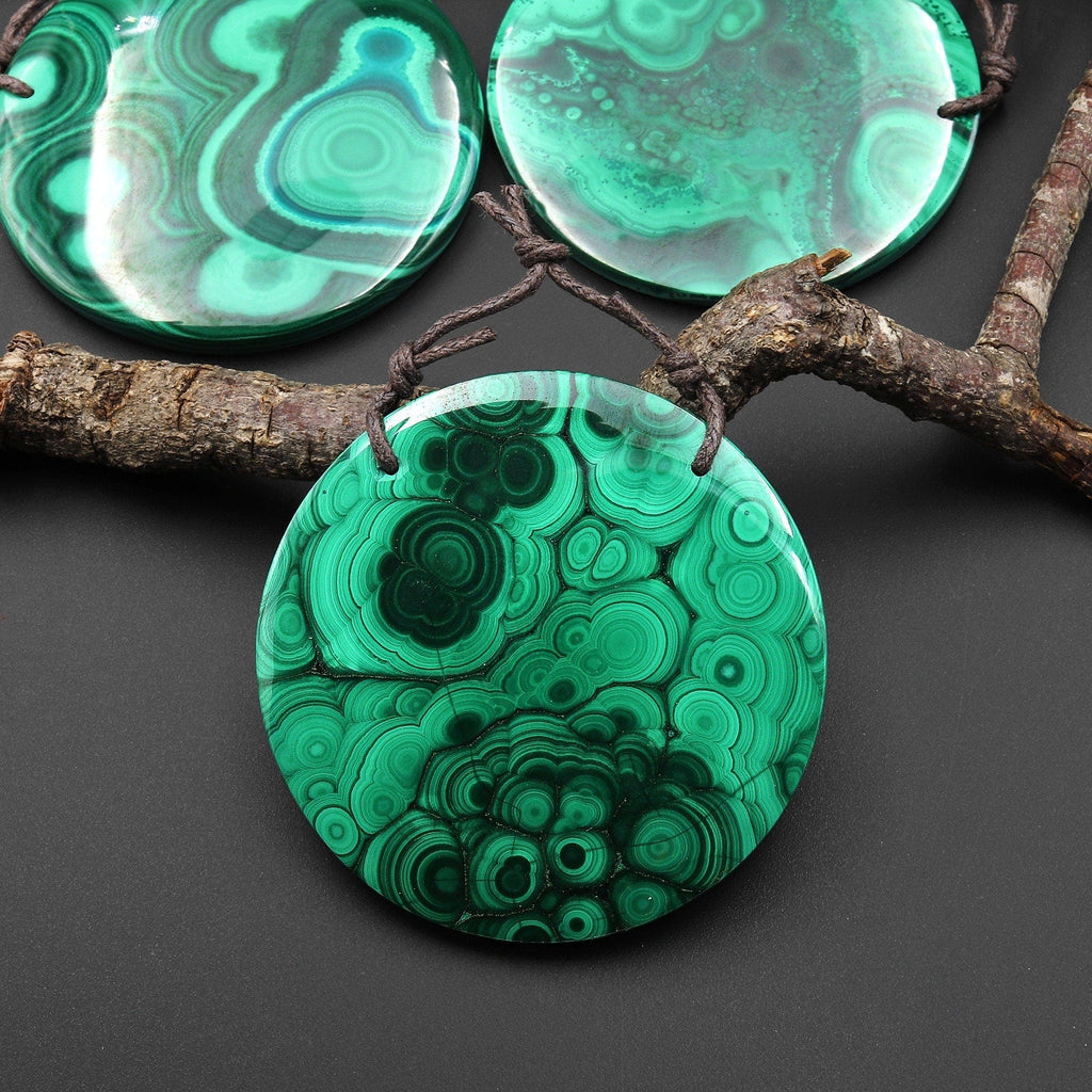 AAA+ 2 Hole Large Natural Green Malachite Pendant Circle Round Gemstone A4