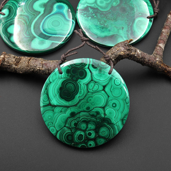 AAA+ 2 Hole Large Natural Green Malachite Pendant Circle Round Gemstone A4