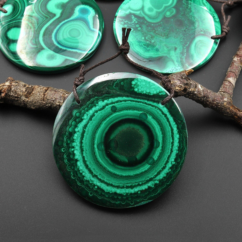 AAA+ 2 Hole Large Natural Green Malachite Eye Pendant Circle Round Gemstone A6