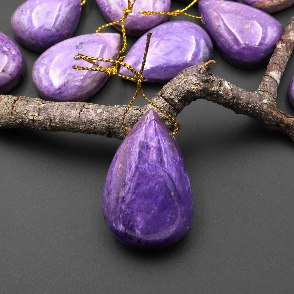 Large Natural Purple Russian Charoite Pendant Side Drilled Teardrop Gemstone A3