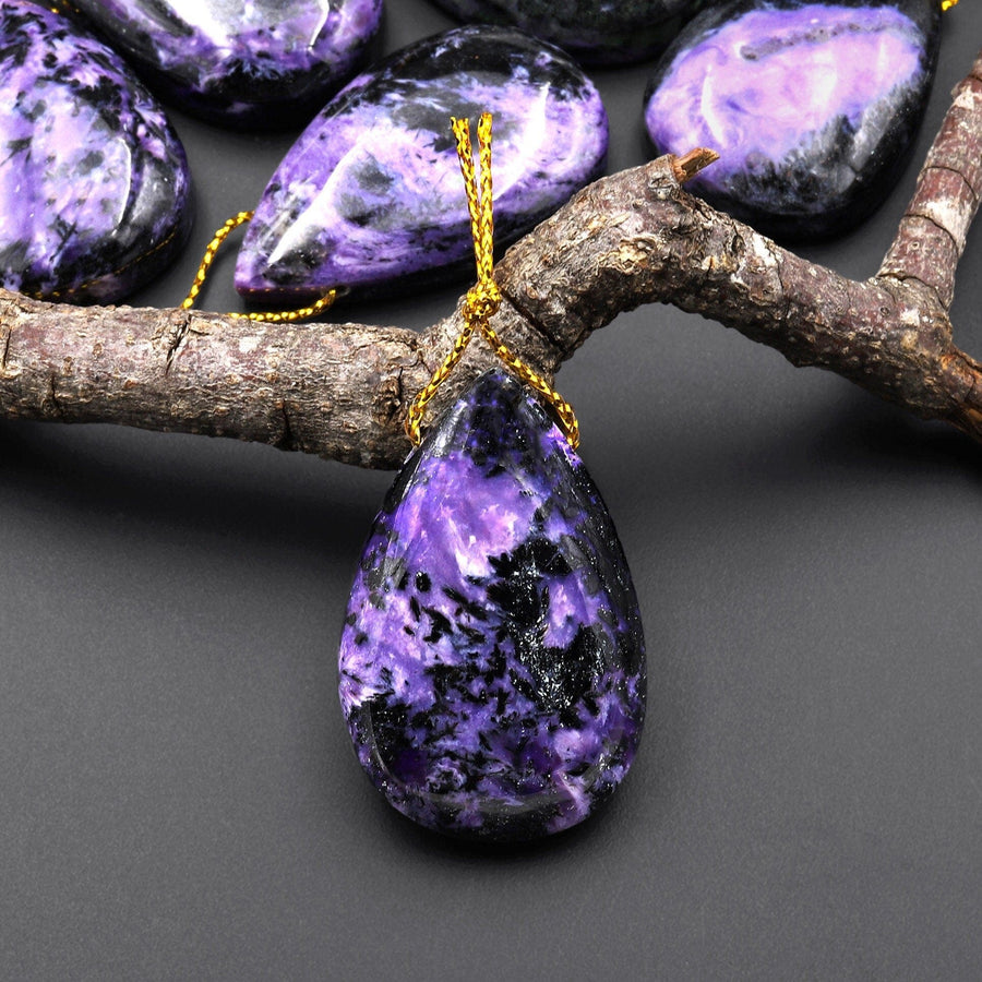 Natural Purple Charoite Black Aegirine Pendant Side Drilled Teardrop Genuine Gemstone From Russia