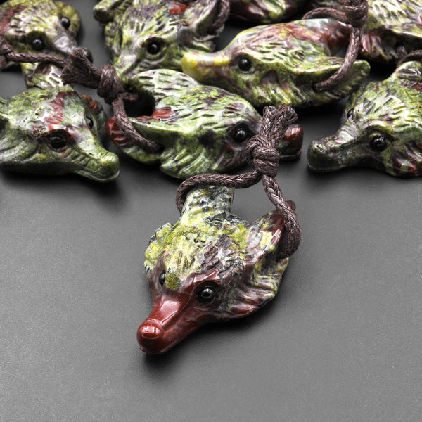 Natural Dragon Blood Jasper Gemstone Wolf Head Side Drilled Crystal Pendant Bead A2