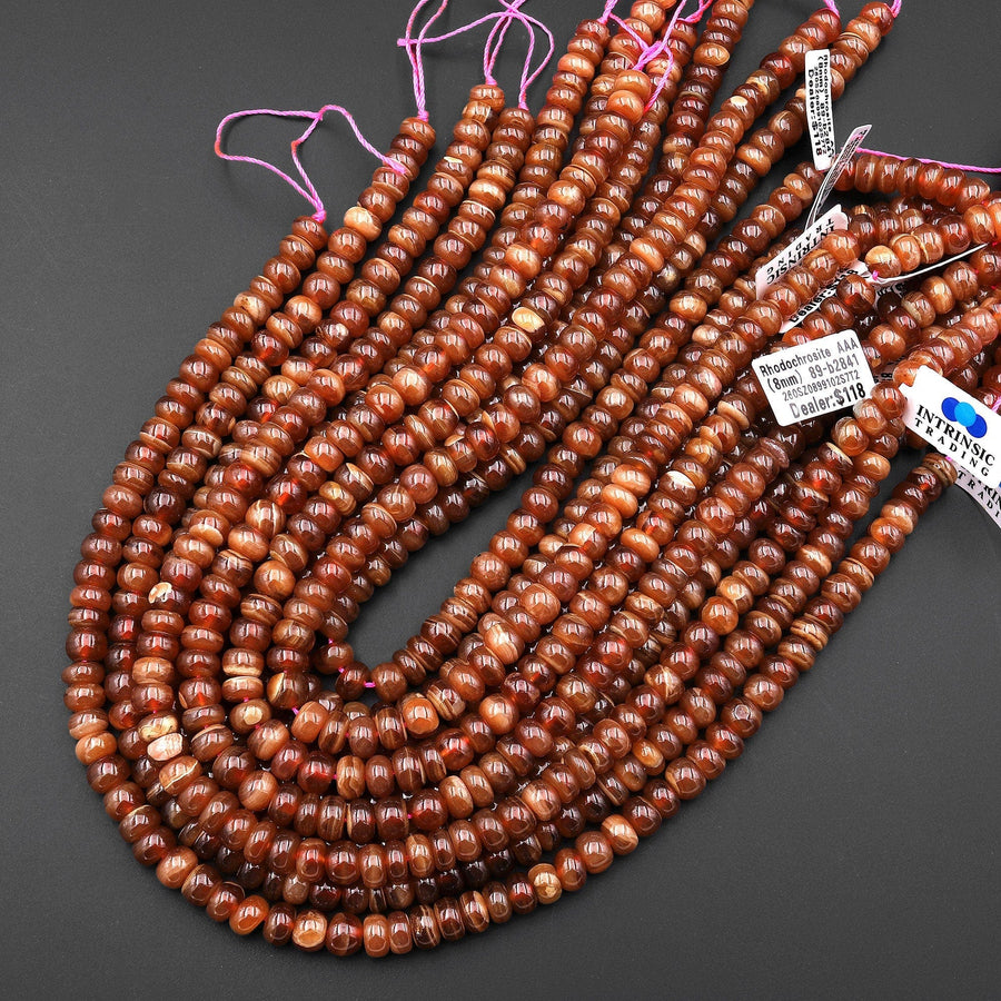 Rare AAA Natural Brown Rhodochrosite Smooth 6mm 8mm 10mm 12mm Rondelle Beads 15.5" Strand