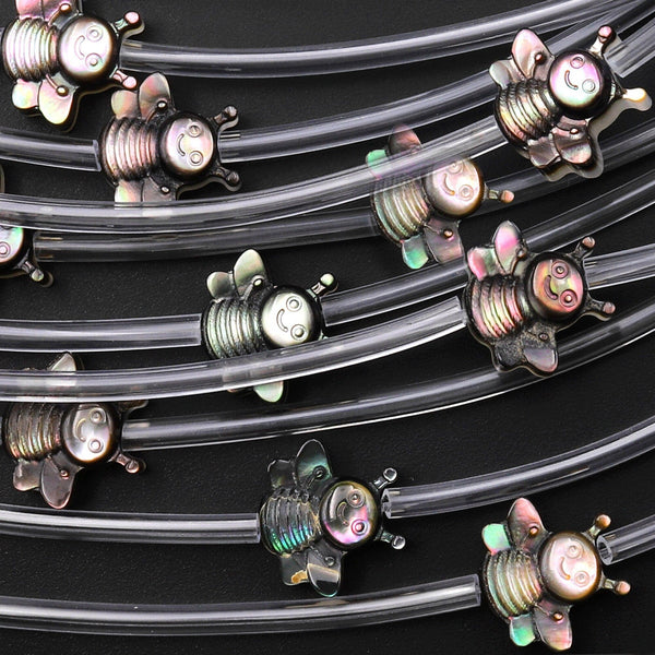 AAA Iridescent Honey Bee Carved Natural Black Mother of Pearl Shell Beads 5 Pieces 8" Strand