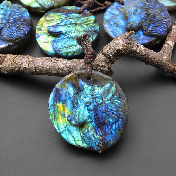 Hand Carved Natural Labradorite Wolf Gemstone Pendant Bead A2